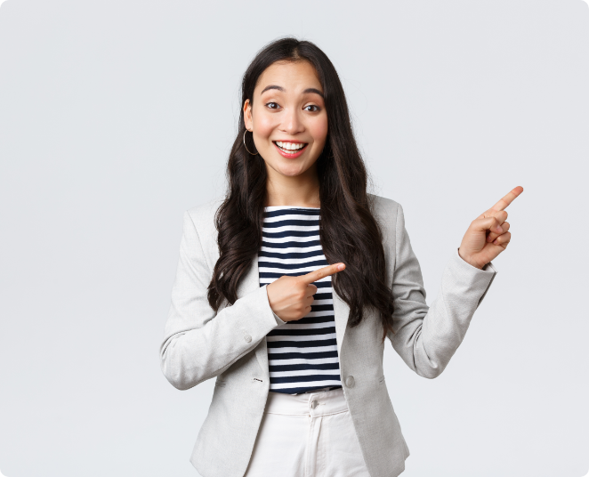 Business Finance Employment Female Successful Entrepreneurs Concept Friendly Looking Cute Female Office Manager Glad Help Pointing Upper Right Corner Showing Way Smiling